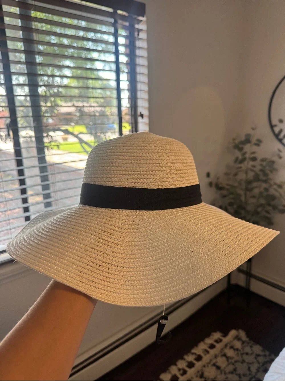 Cream Straw Sun Hat with Black Band and 'Just Married' Script